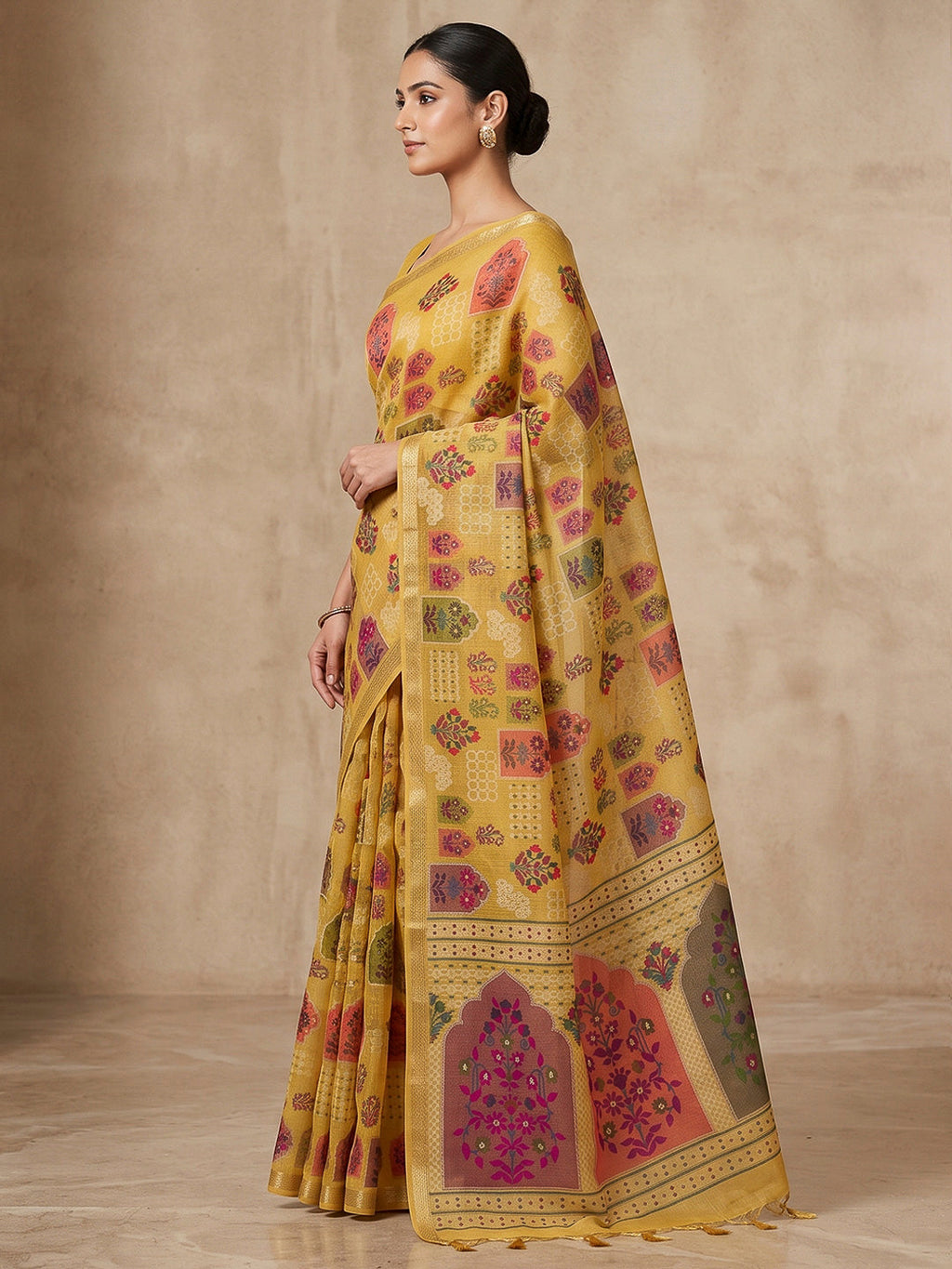 Yellow Cotton Blend Woven Saree