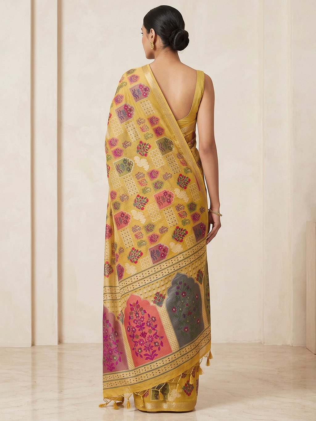 Yellow Cotton Blend Woven Saree