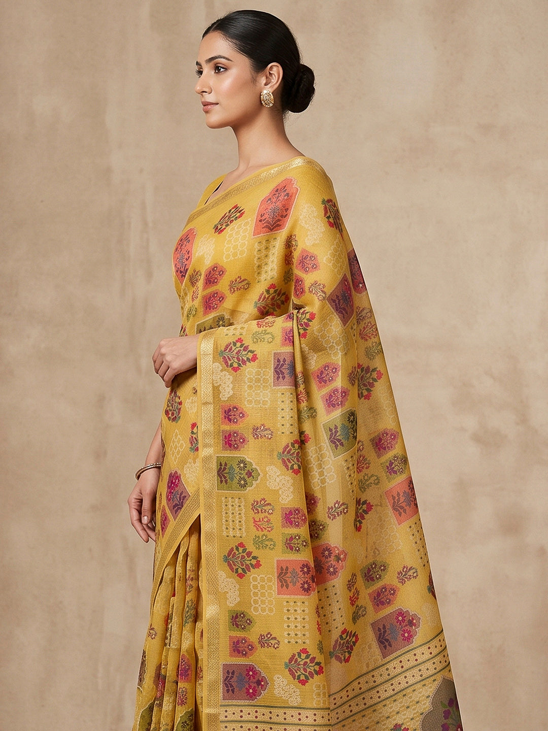 Yellow Cotton Blend Woven Saree