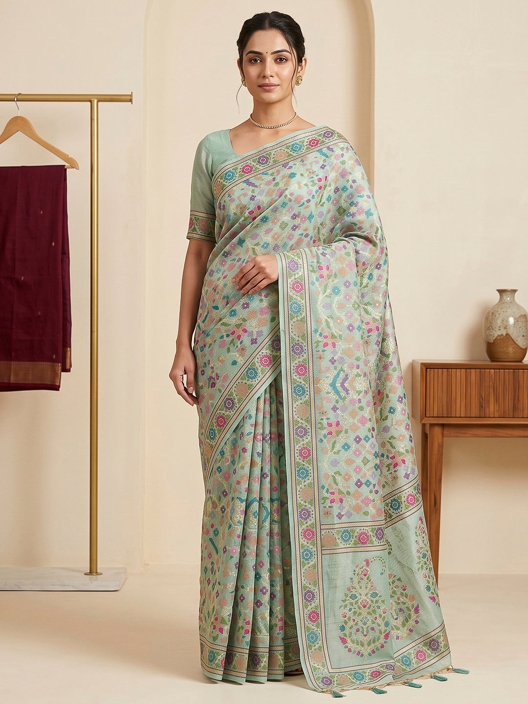 Blue Cotton Blend Woven Saree