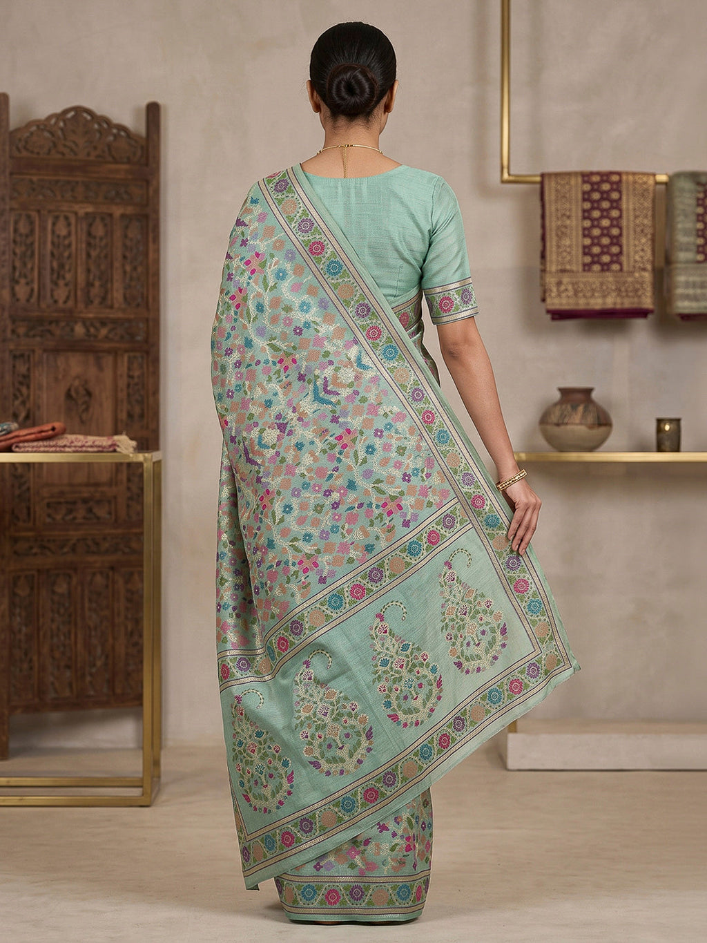 Blue Cotton Blend Woven Saree