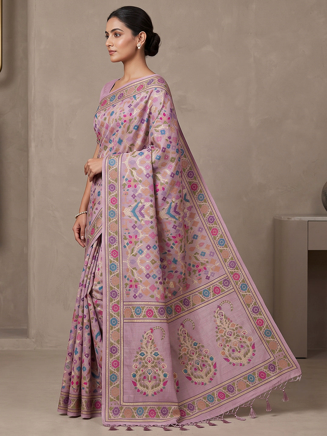 Lavender Cotton Blend Woven Saree