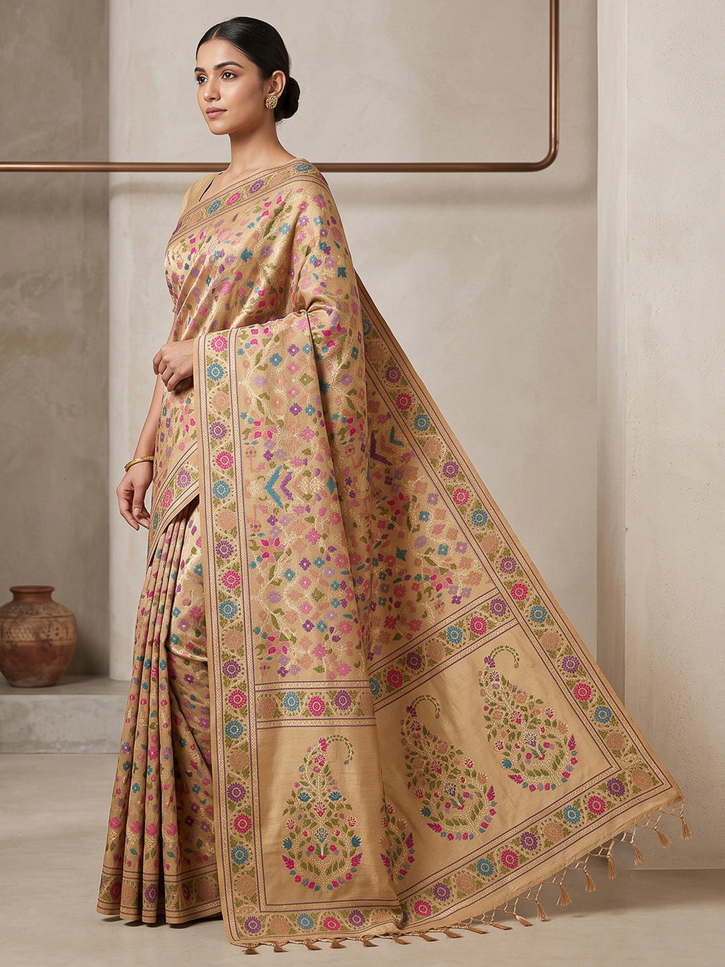 Off-White Cotton Blend Woven Saree