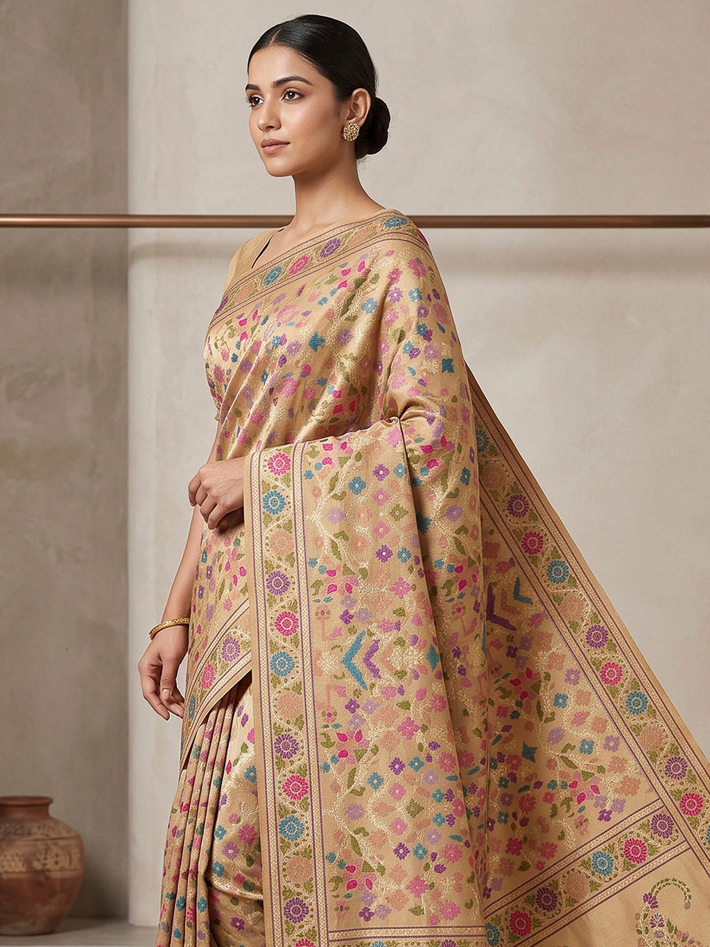 Off-White Cotton Blend Woven Saree