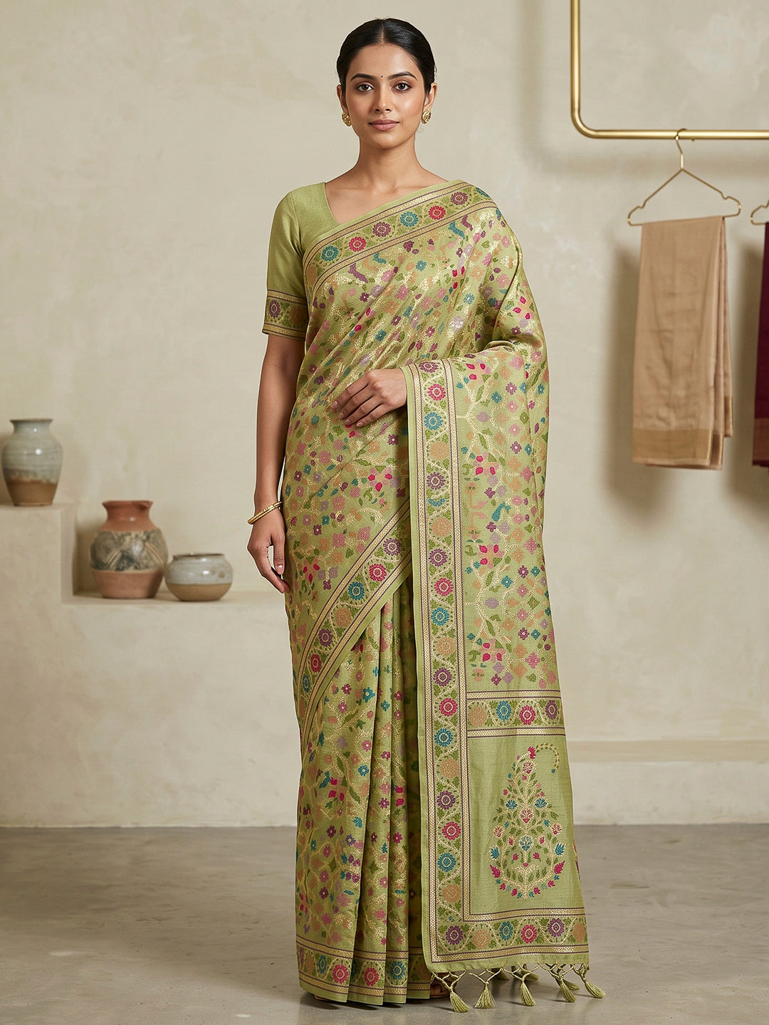 Olive-Green Cotton Blend Woven Saree