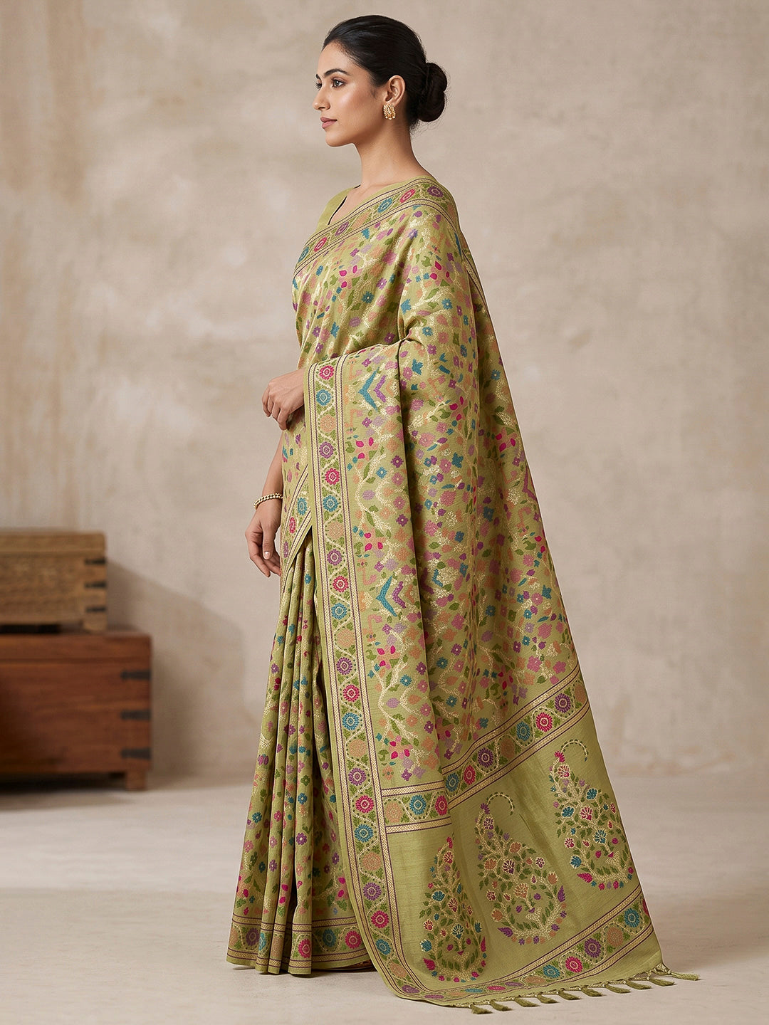 Olive-Green Cotton Blend Woven Saree
