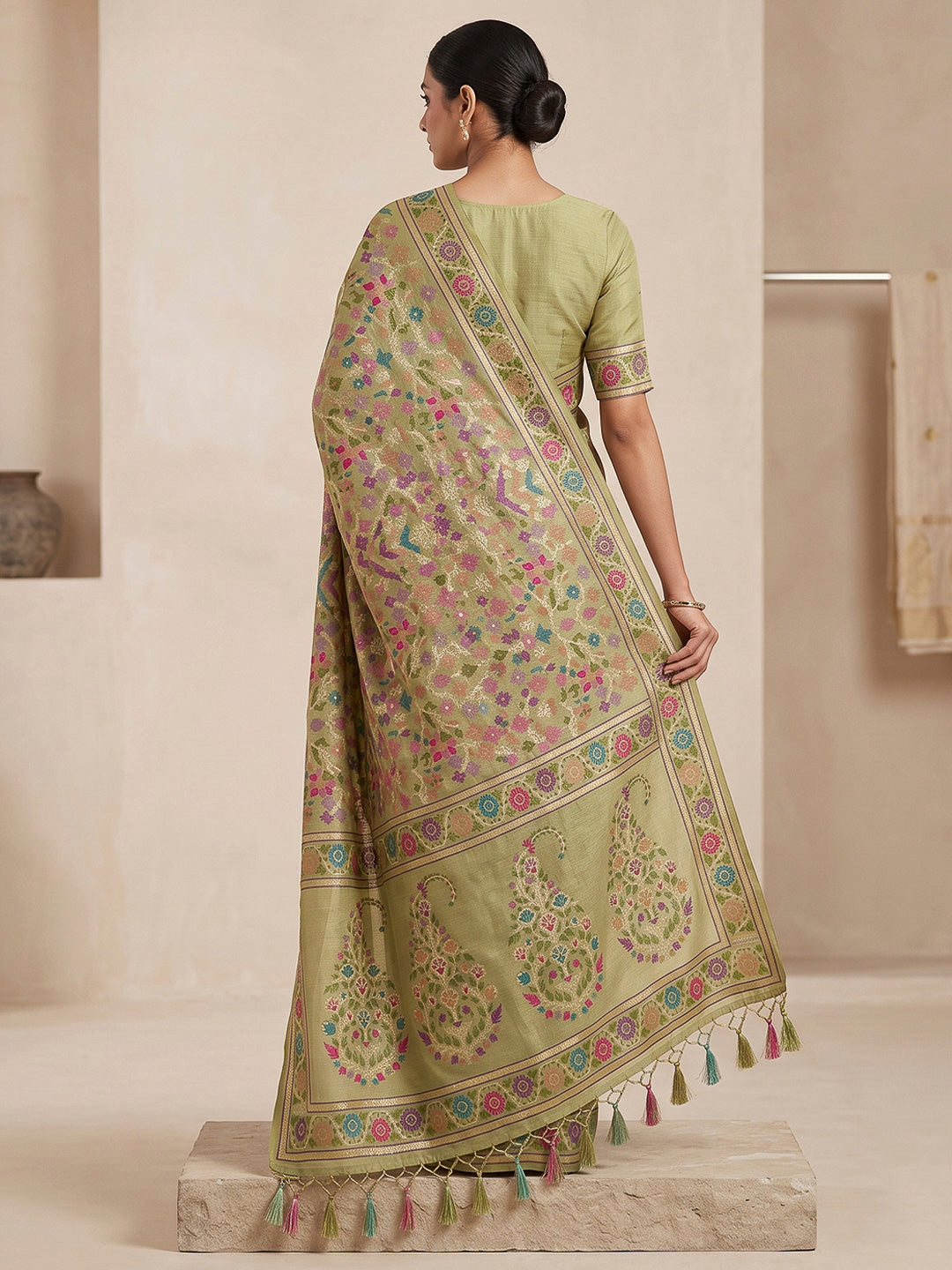 Olive-Green Cotton Blend Woven Saree