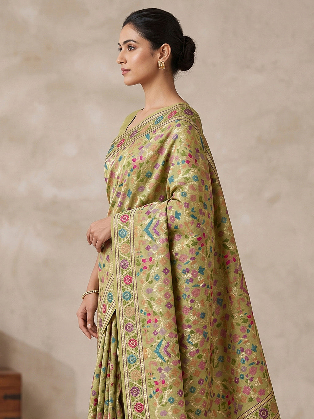 Olive-Green Cotton Blend Woven Saree