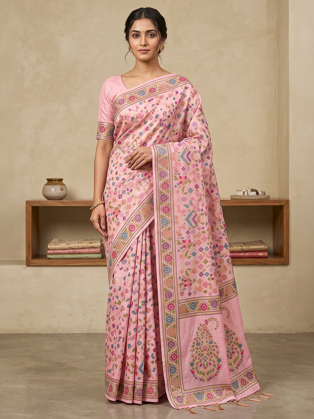 Pink Cotton Blend Woven Saree