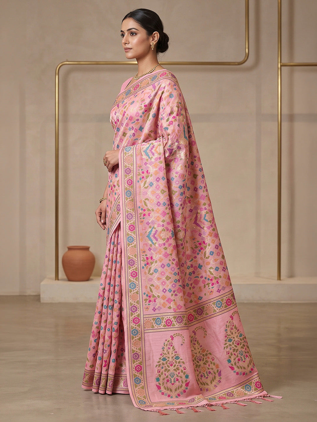 Pink Cotton Blend Woven Saree