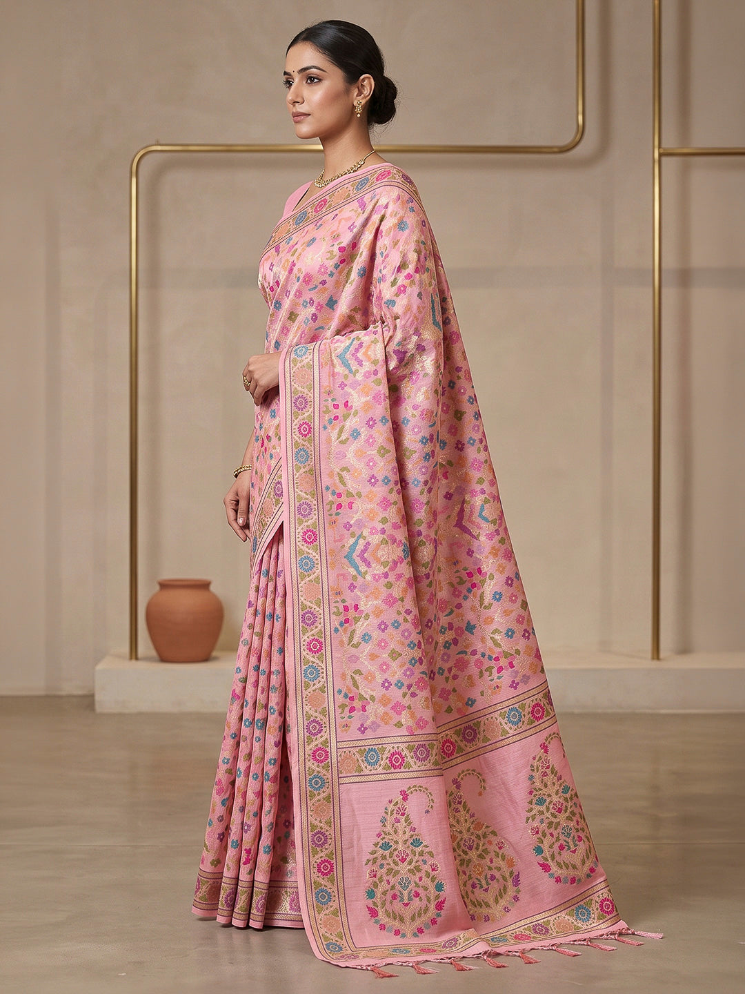 Pink Cotton Blend Woven Saree