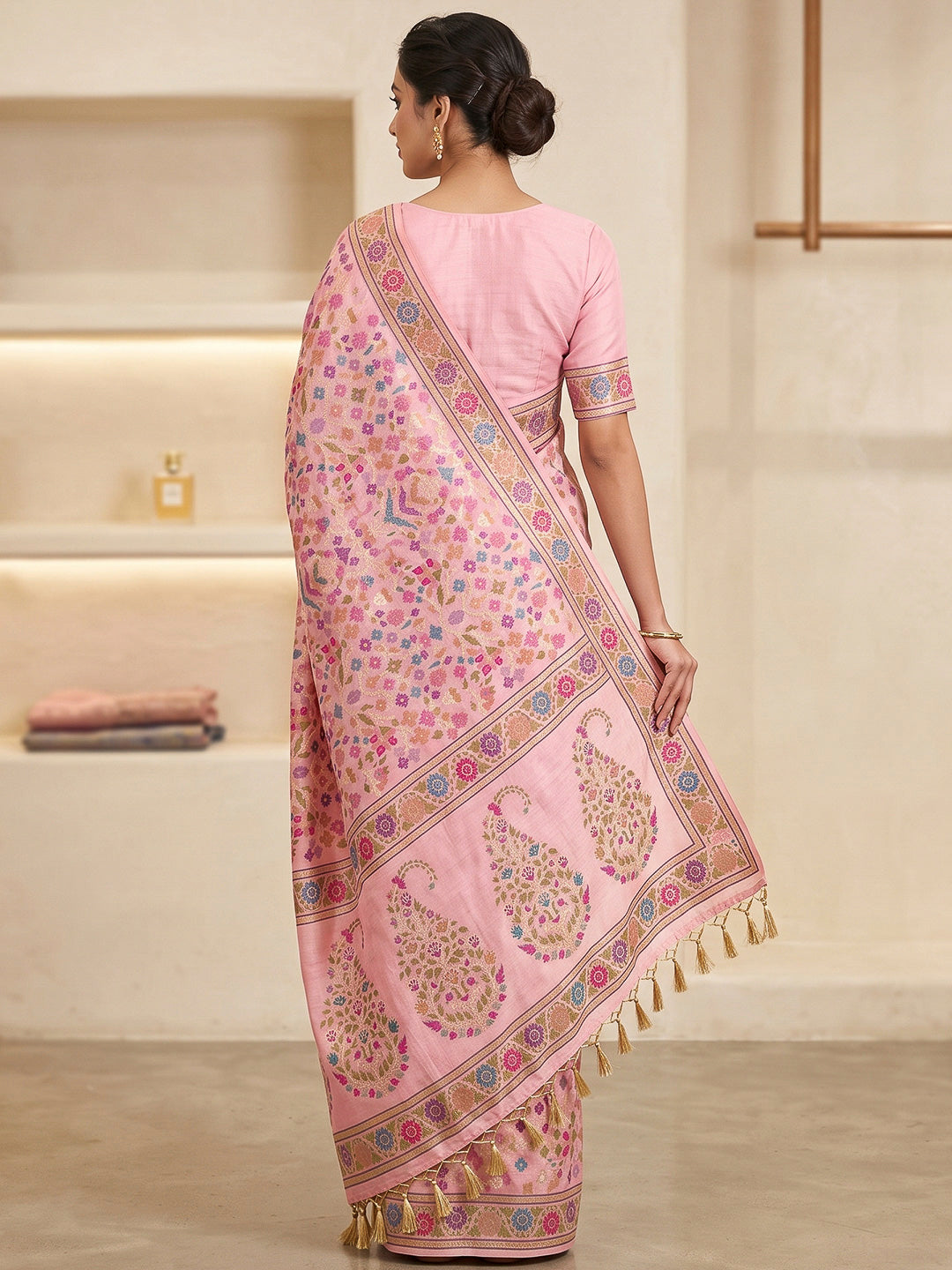 Pink Cotton Blend Woven Saree