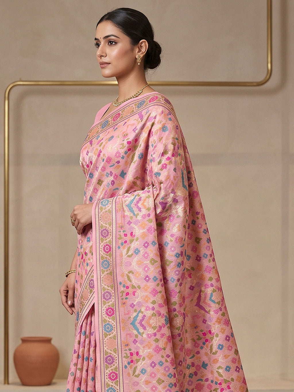 Pink Cotton Blend Woven Saree