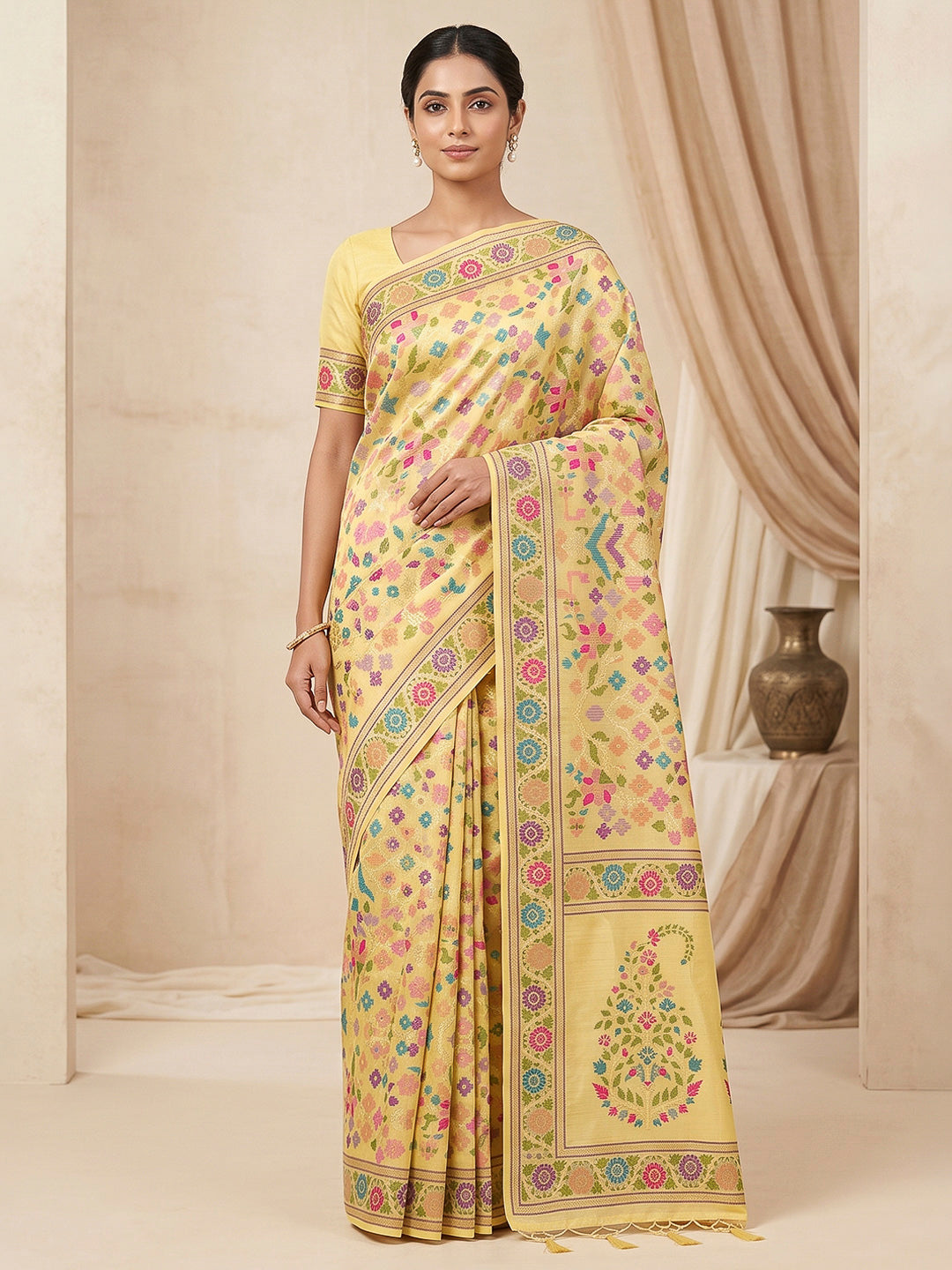 Yellow Cotton Blend Woven Saree