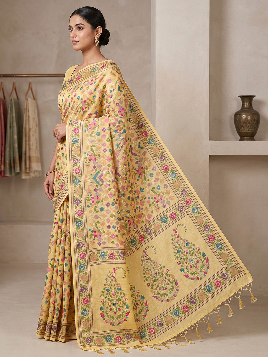 Yellow Cotton Blend Woven Saree