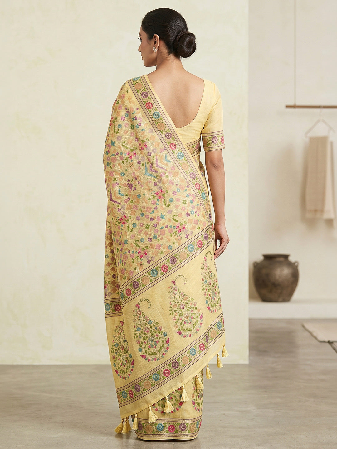 Yellow Cotton Blend Woven Saree
