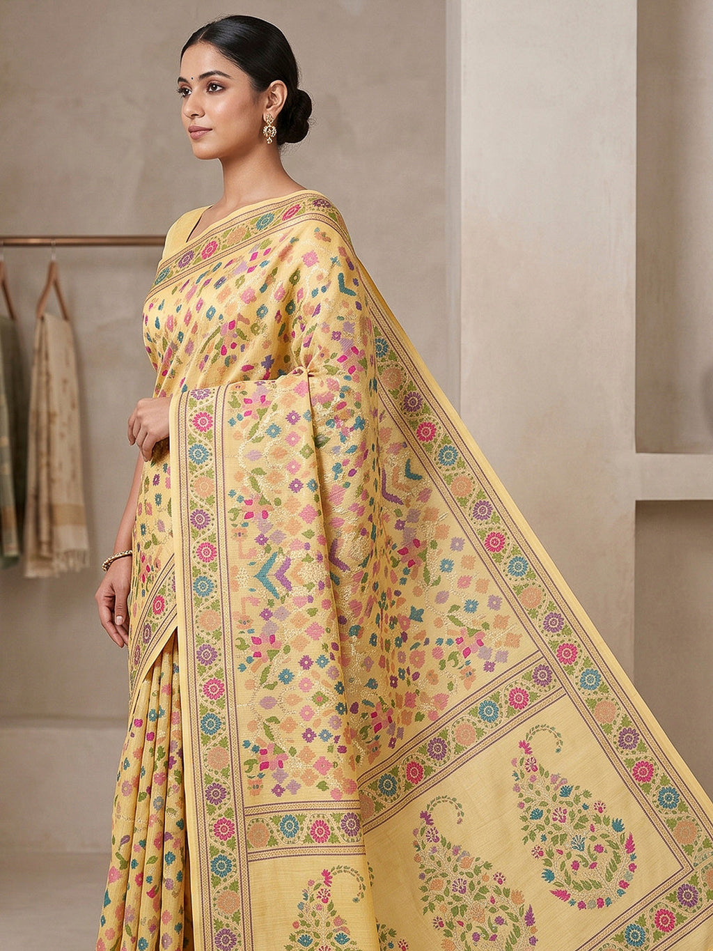 Yellow Cotton Blend Woven Saree