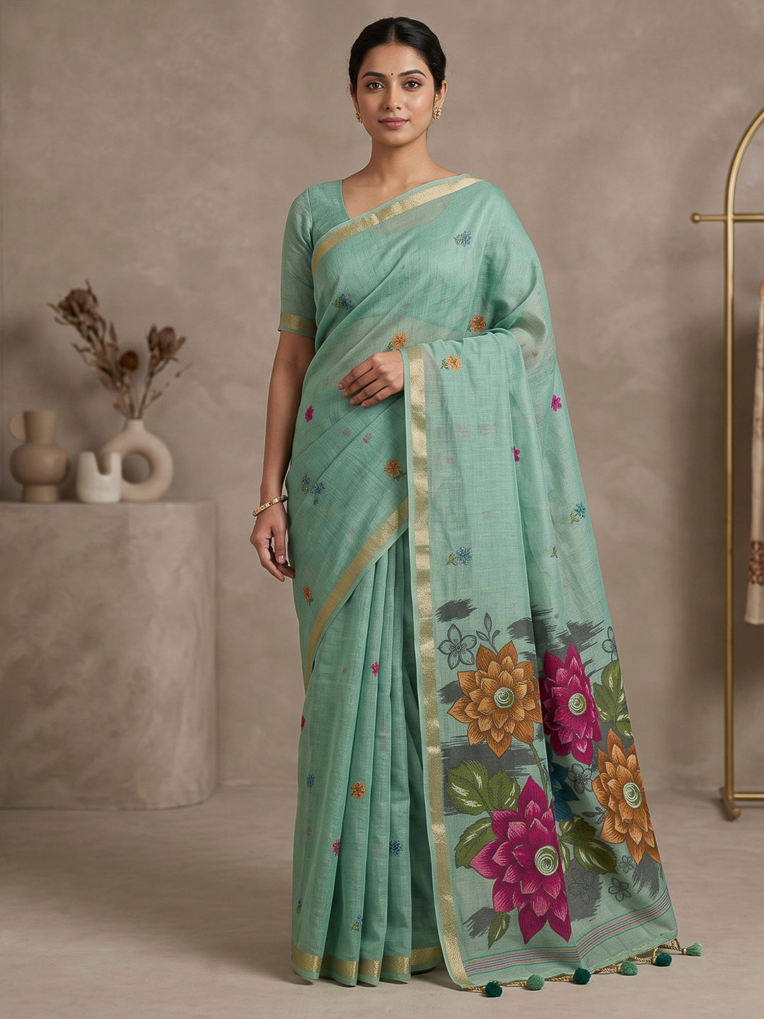 Blue Cotton Blend Woven Saree