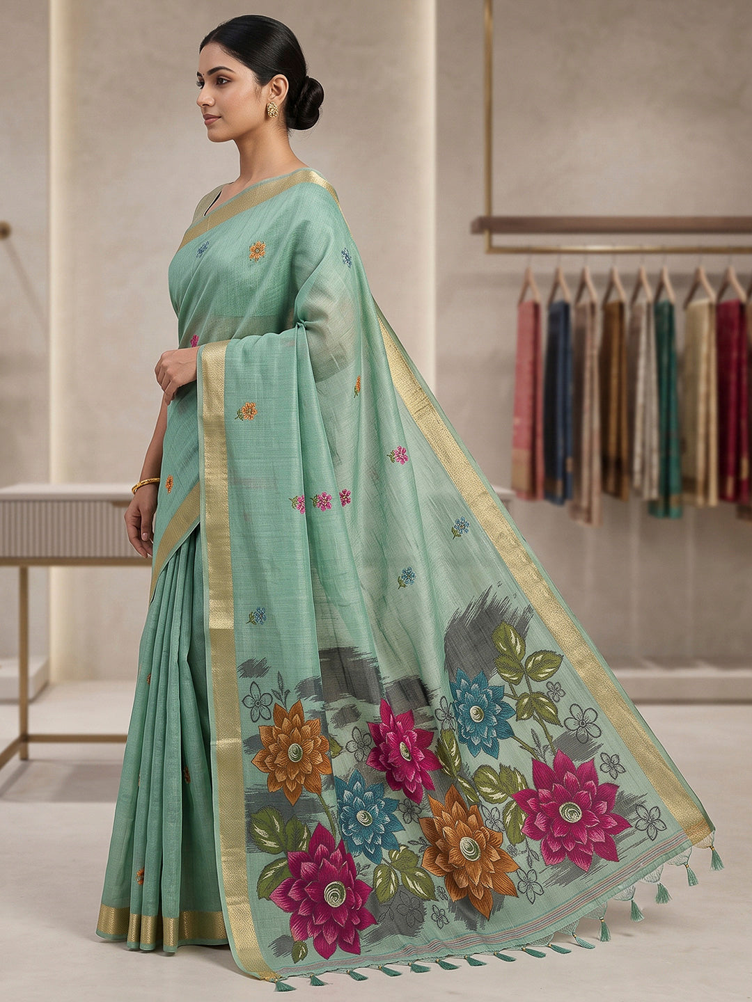 Blue Cotton Blend Woven Saree