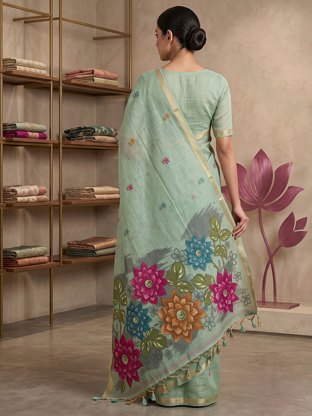 Blue Cotton Blend Woven Saree