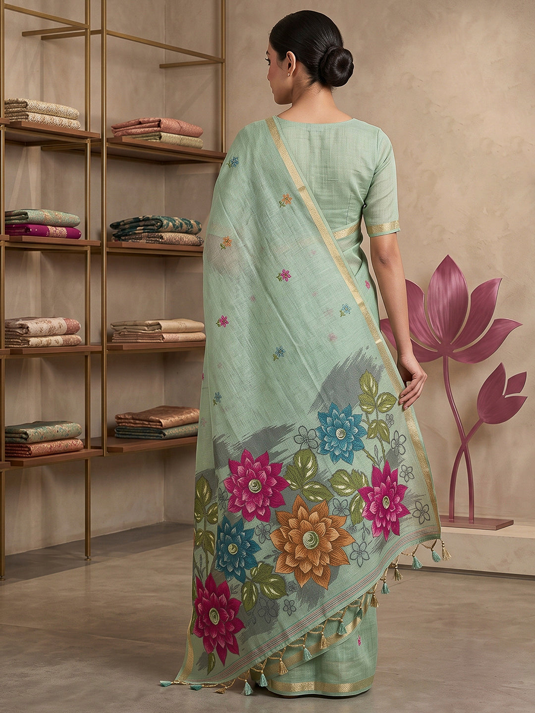 Blue Cotton Blend Woven Saree