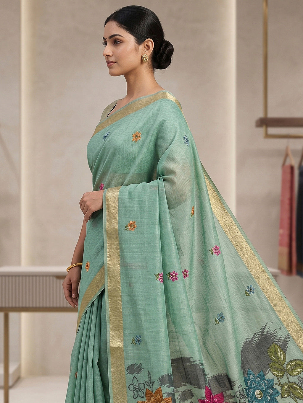 Blue Cotton Blend Woven Saree