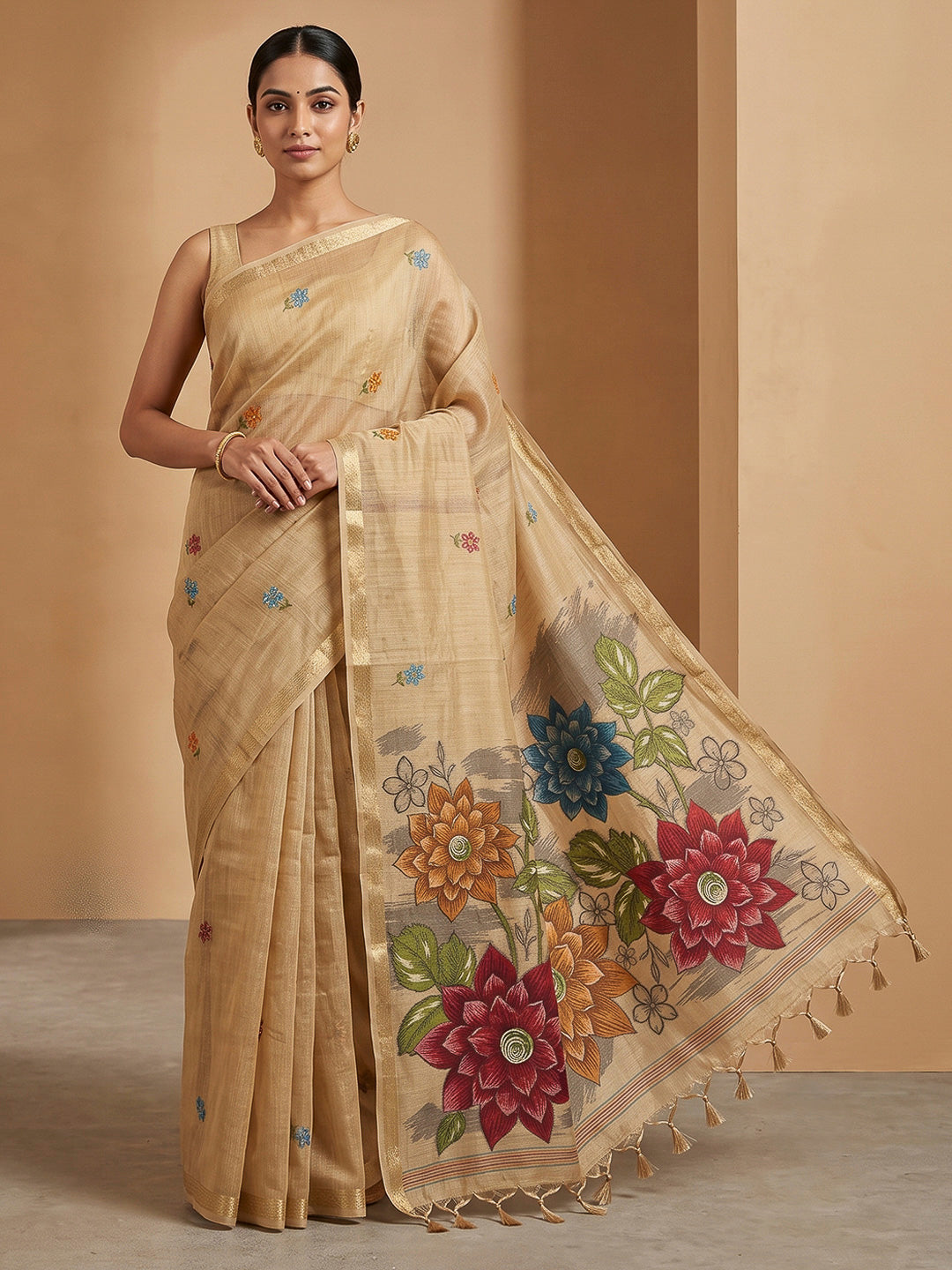 Off-White Cotton Blend Woven Saree