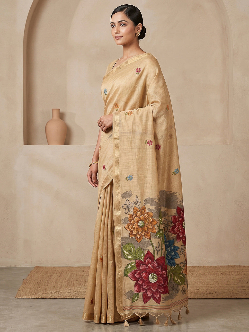 Off-White Cotton Blend Woven Saree