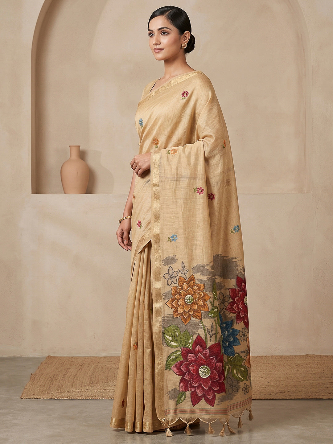 Off-White Cotton Blend Woven Saree