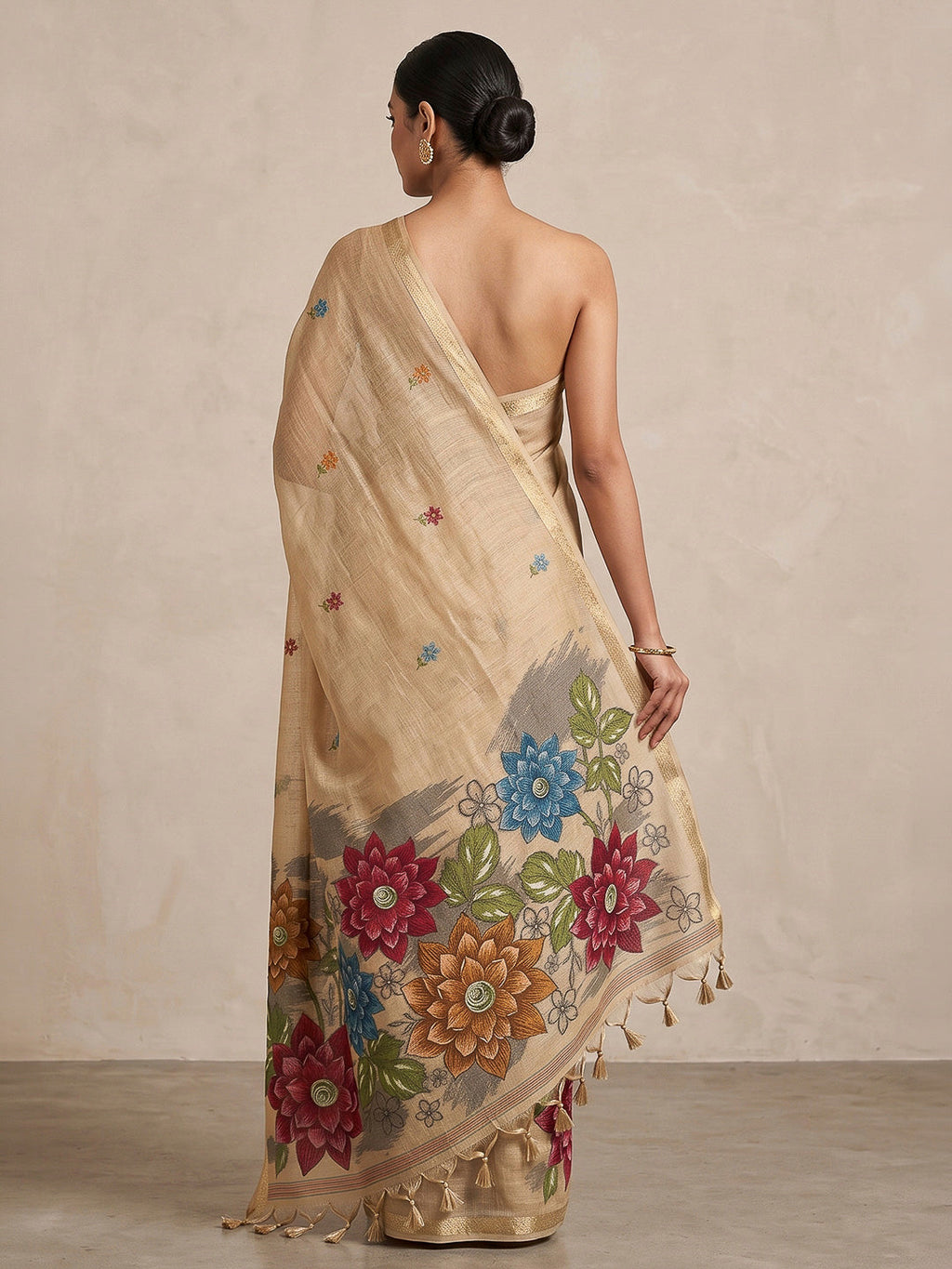 Off-White Cotton Blend Woven Saree