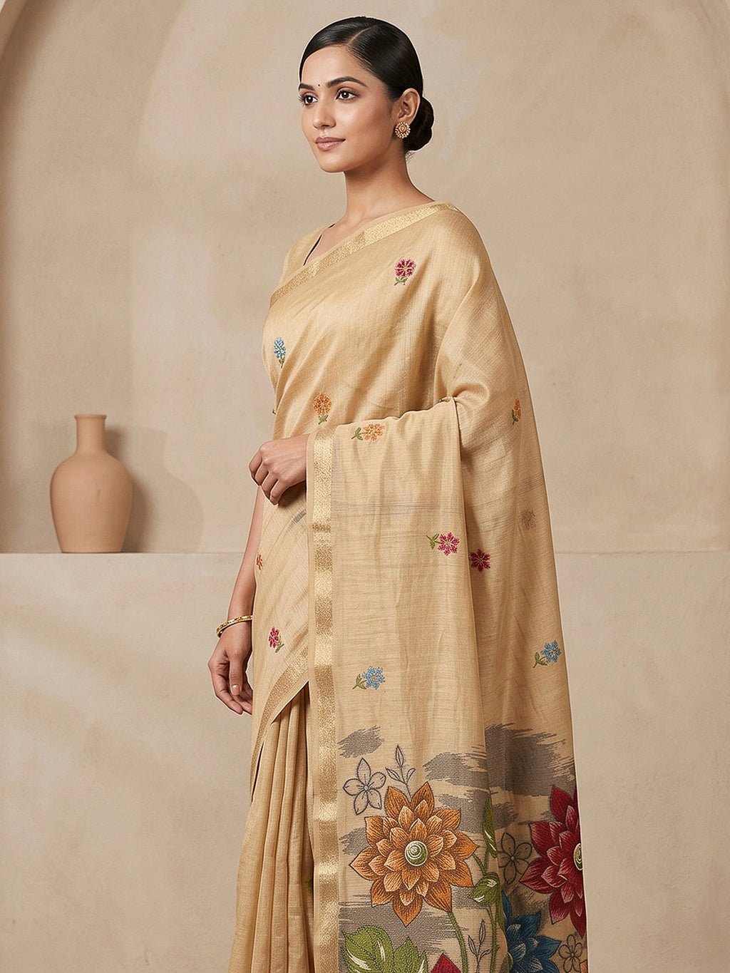Off-White Cotton Blend Woven Saree