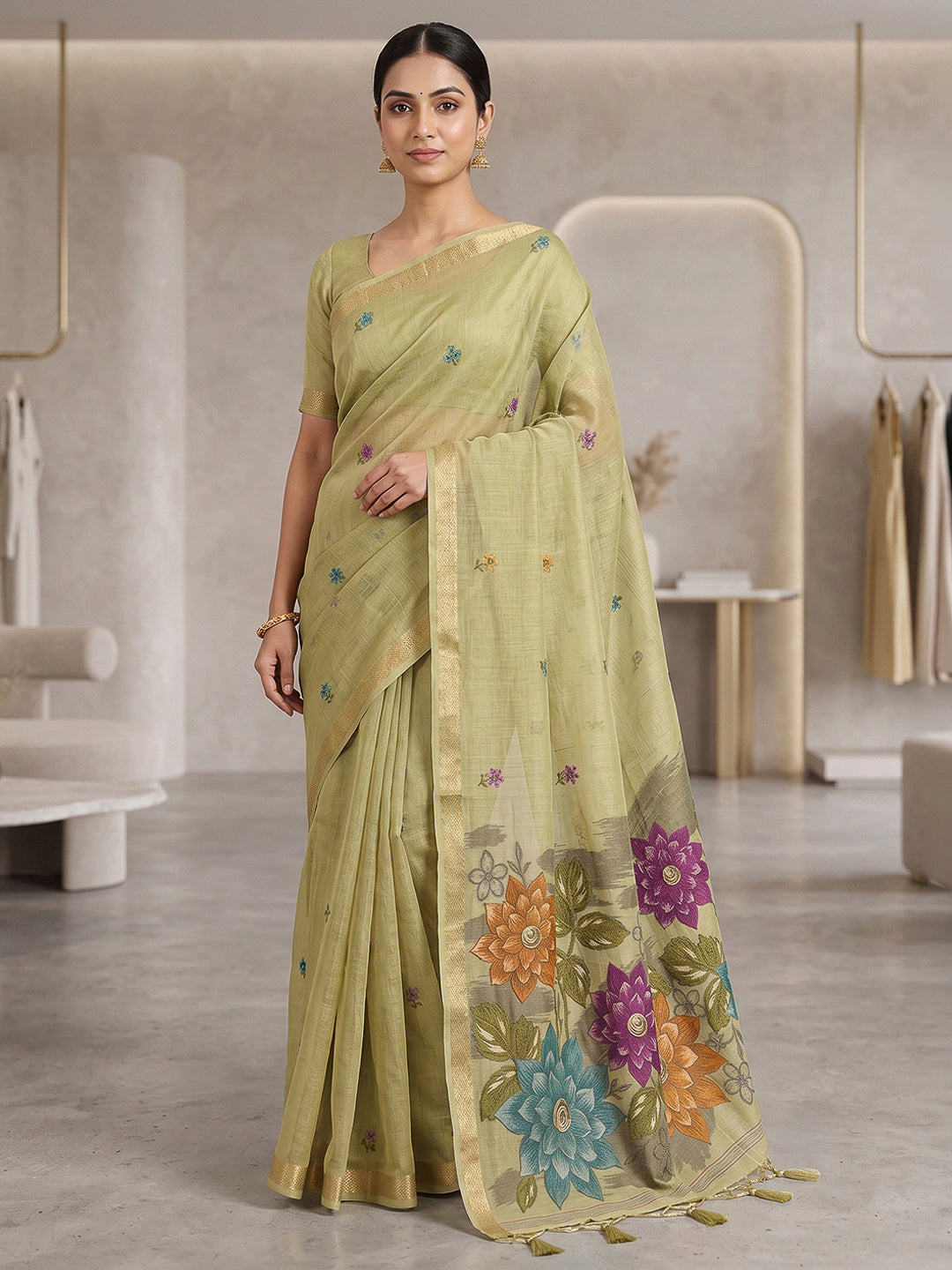 Olive-Green Cotton Blend Woven Saree