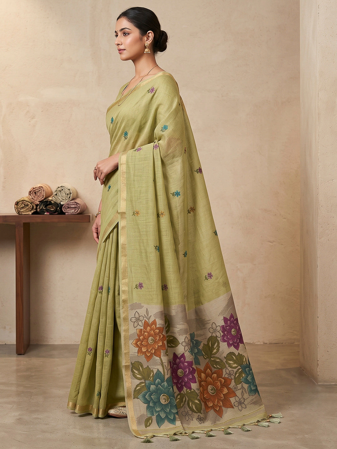 Olive-Green Cotton Blend Woven Saree