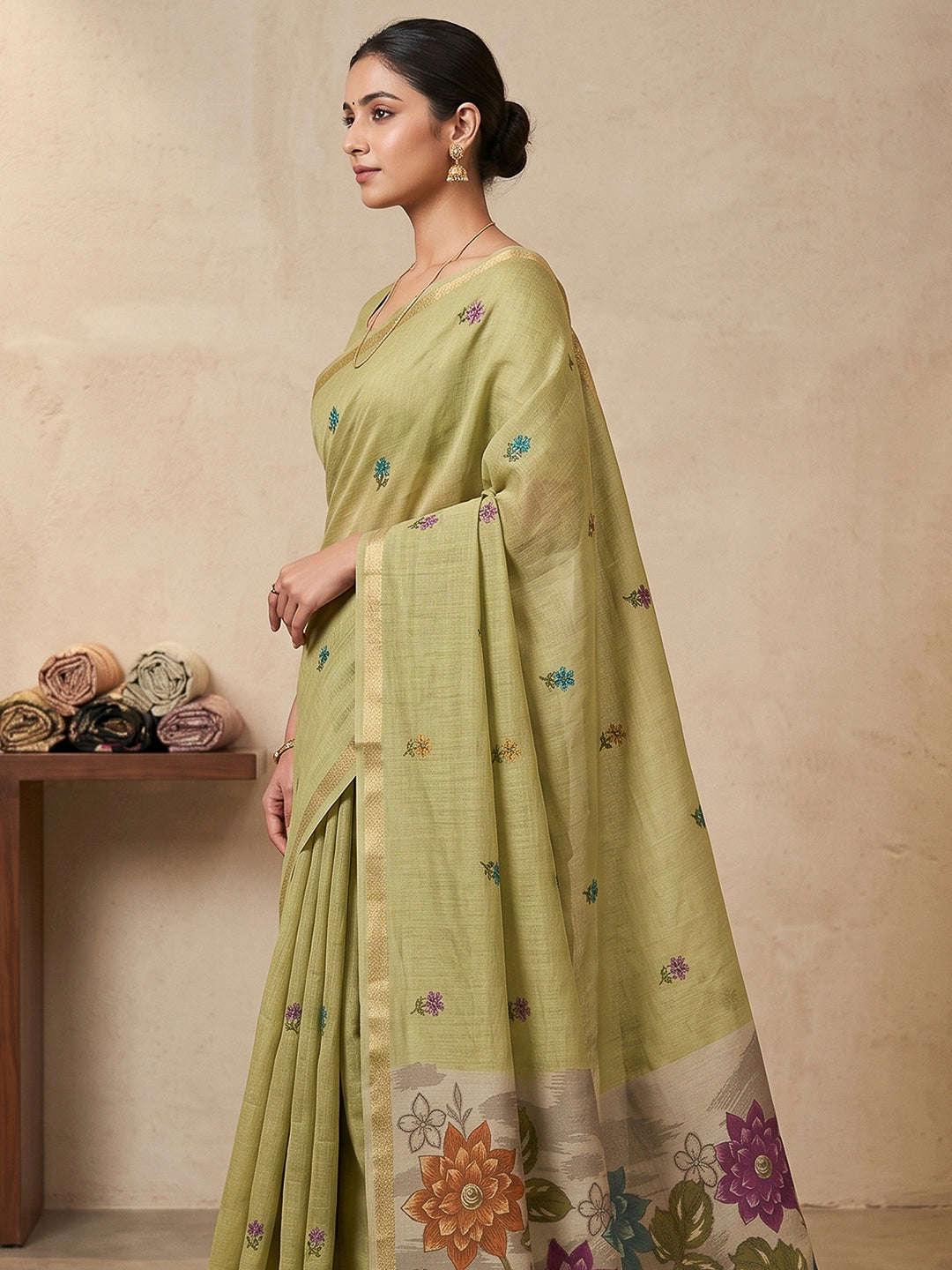Olive-Green Cotton Blend Woven Saree