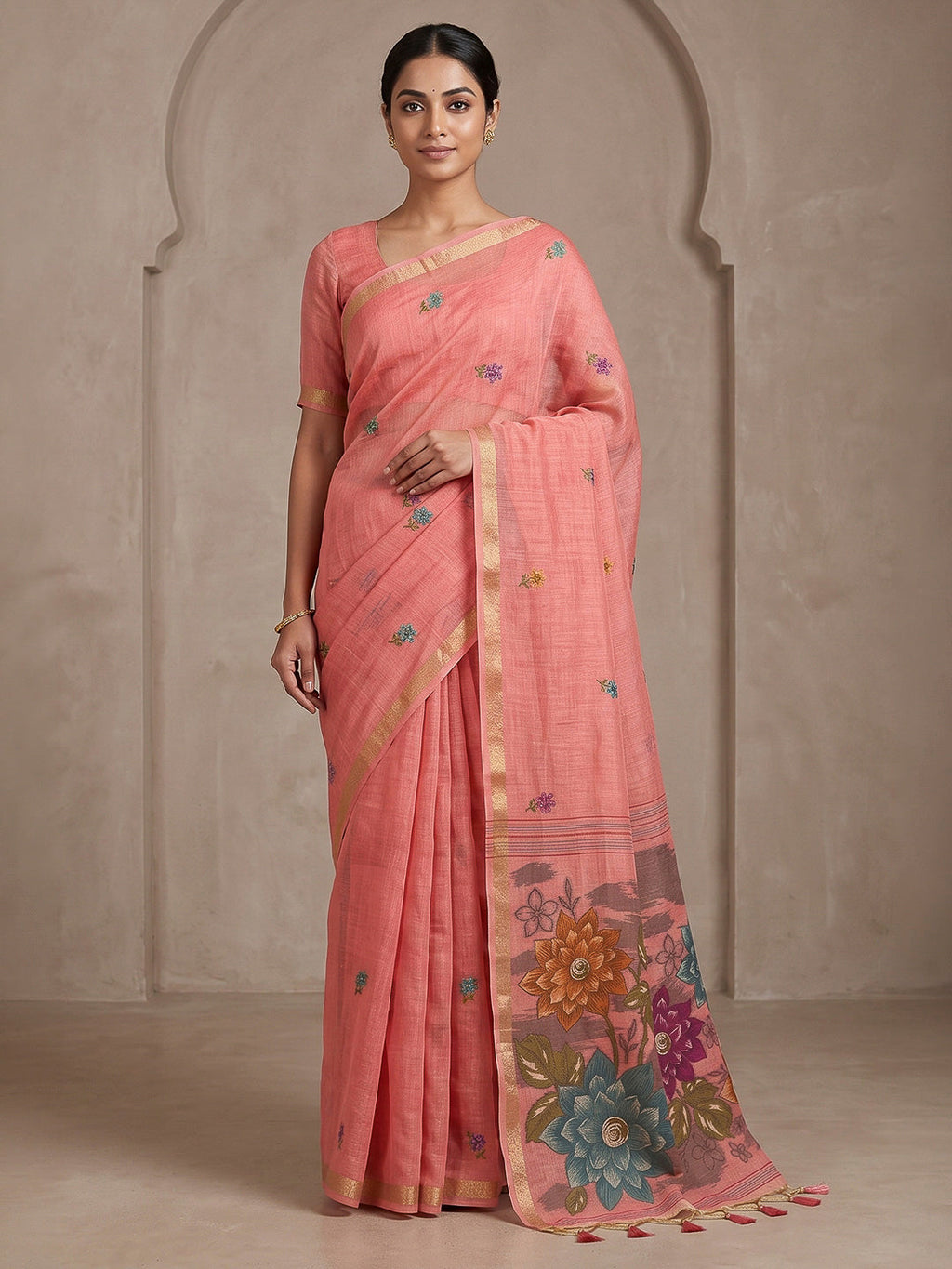 Pink Cotton Blend Woven Saree