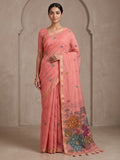 Pink Cotton Blend Woven Saree