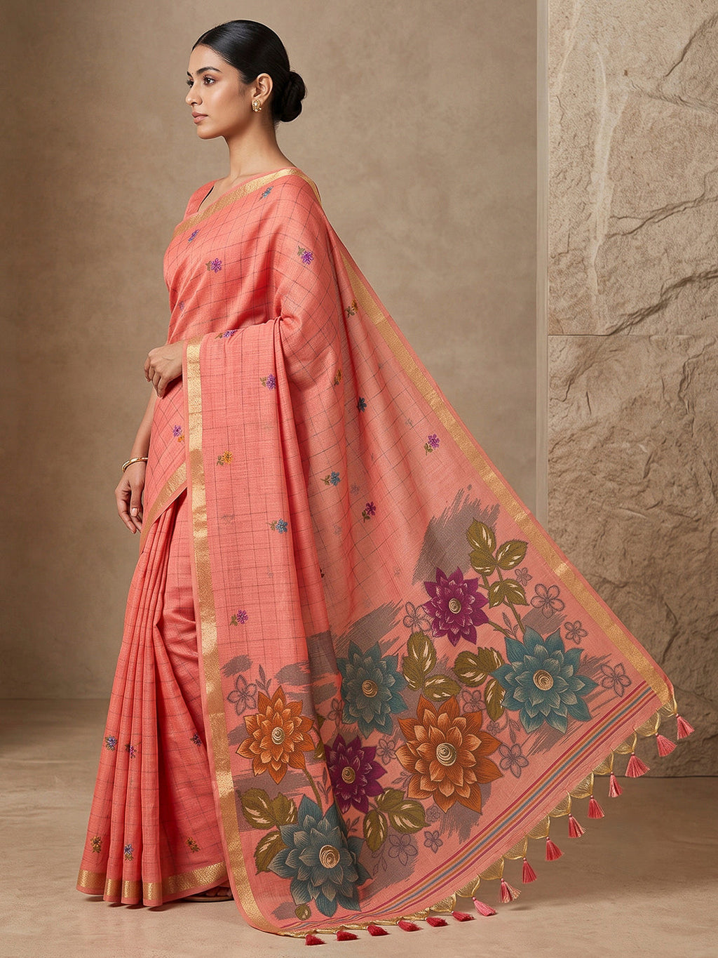Pink Cotton Blend Woven Saree