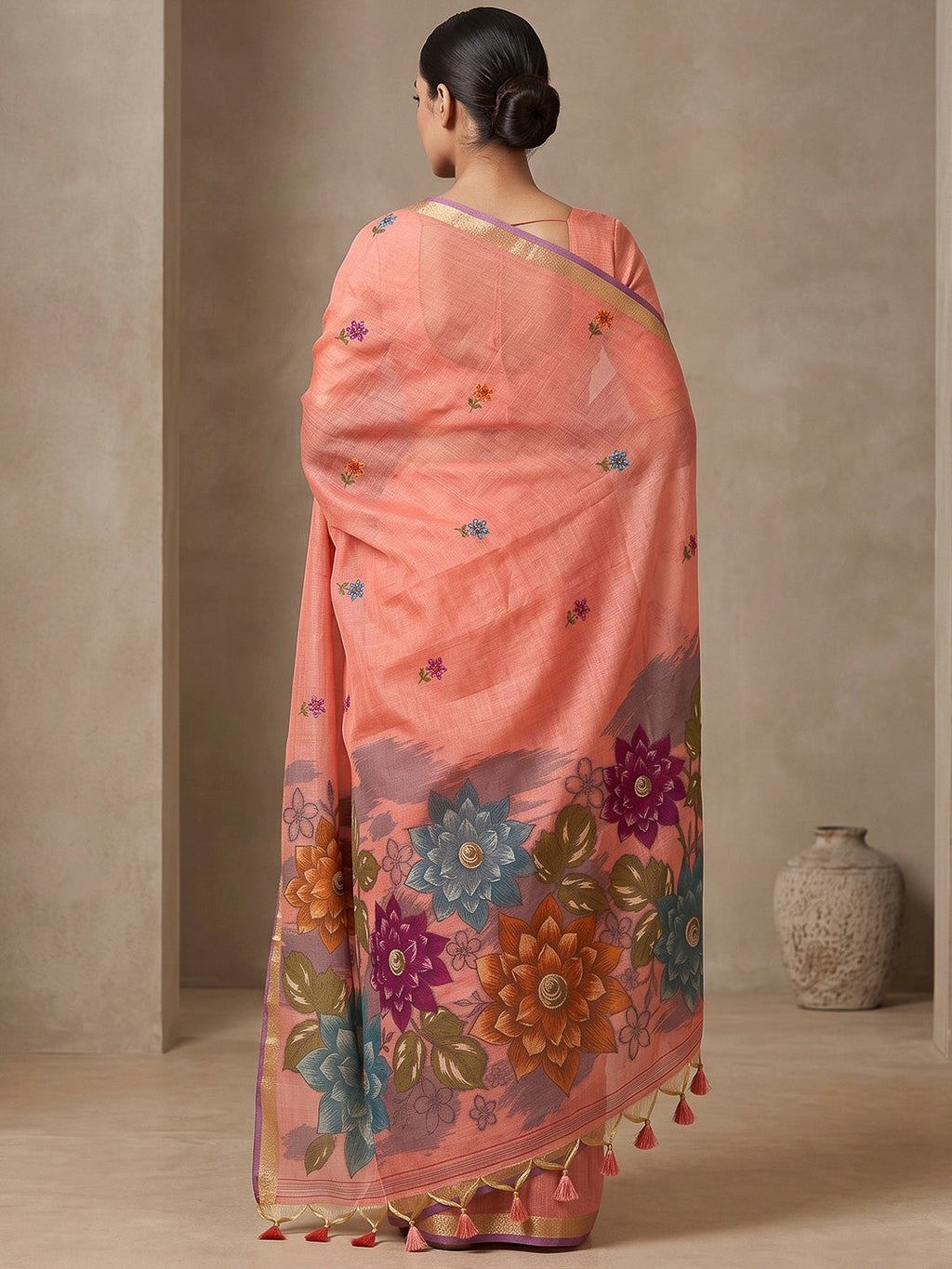 Pink Cotton Blend Woven Saree