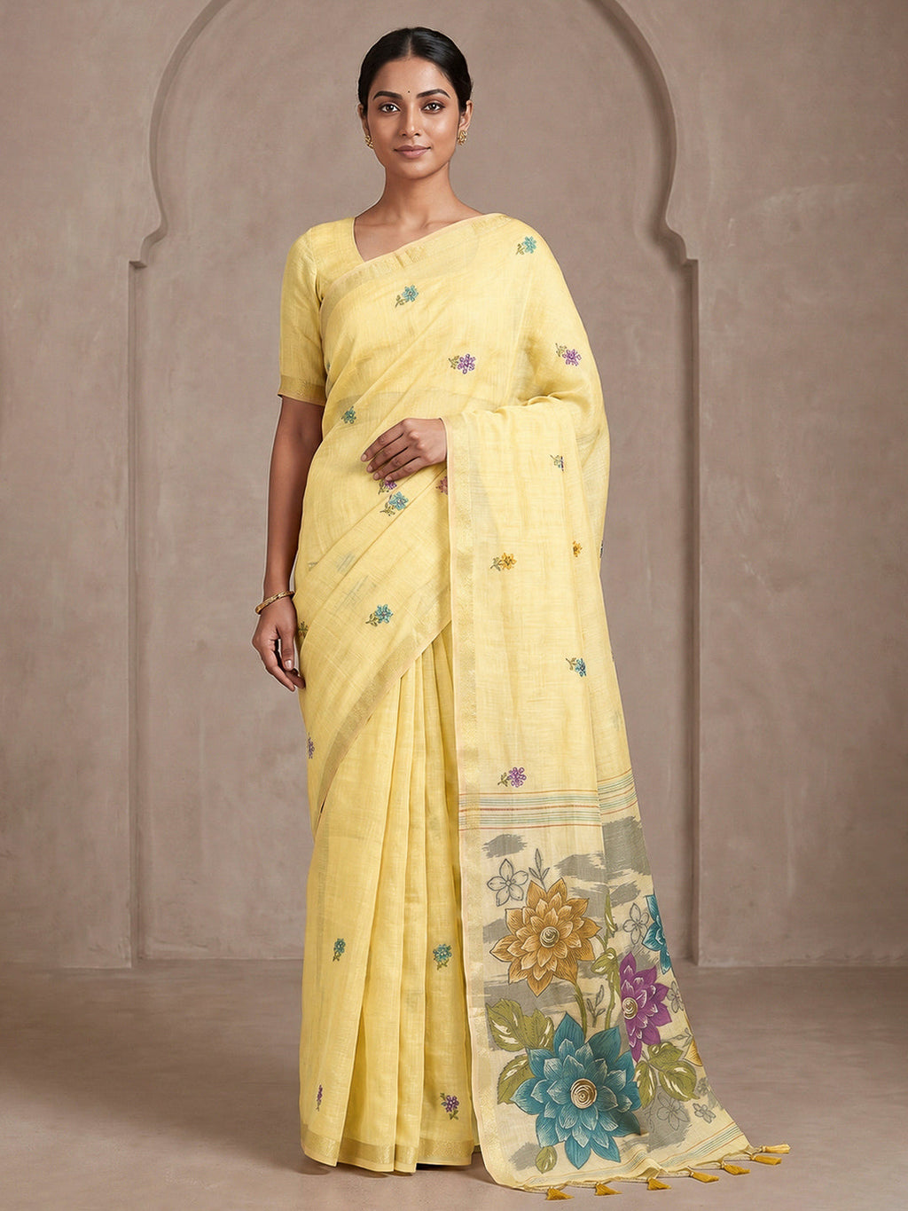 Yellow Cotton Blend Woven Saree
