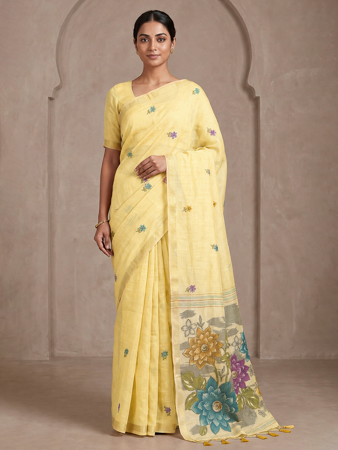 Yellow Cotton Blend Woven Saree