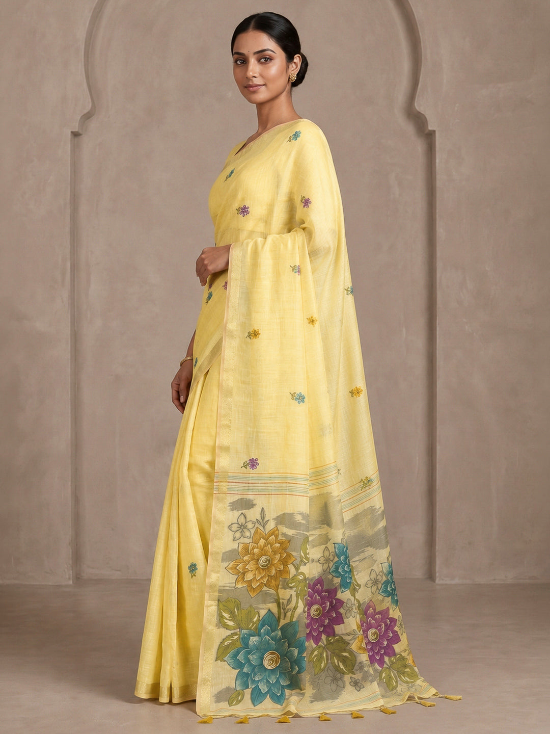 Yellow Cotton Blend Woven Saree