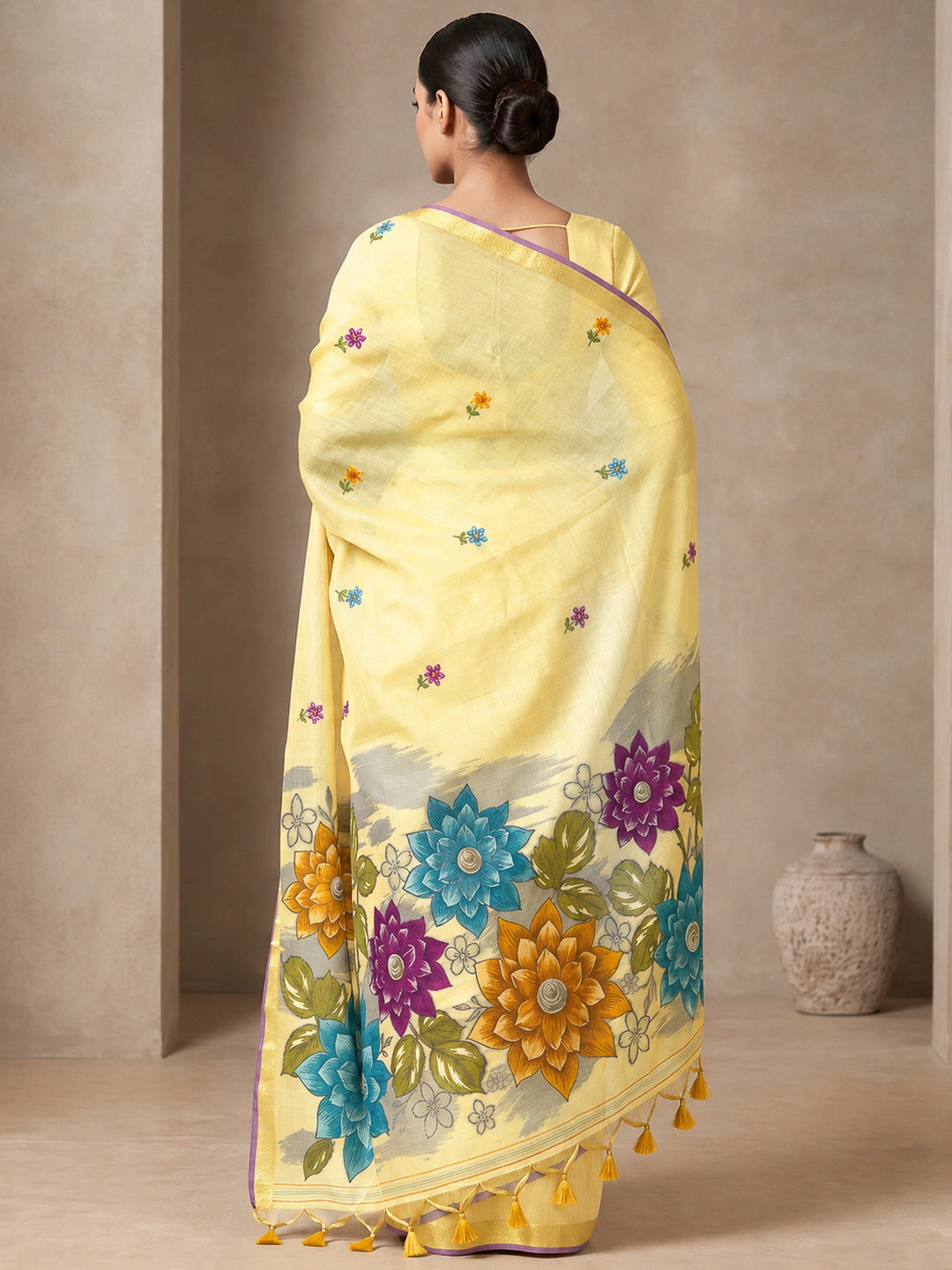 Yellow Cotton Blend Woven Saree