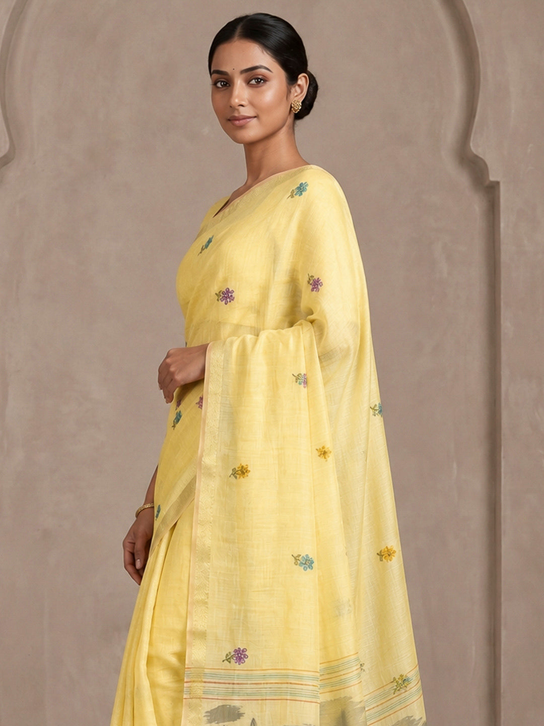 Yellow Cotton Blend Woven Saree