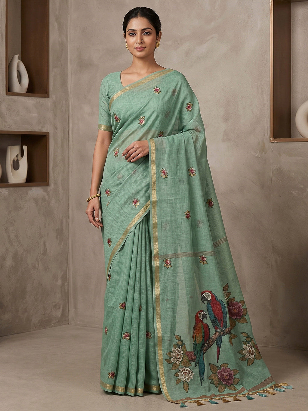 Blue Cotton Blend Woven Saree