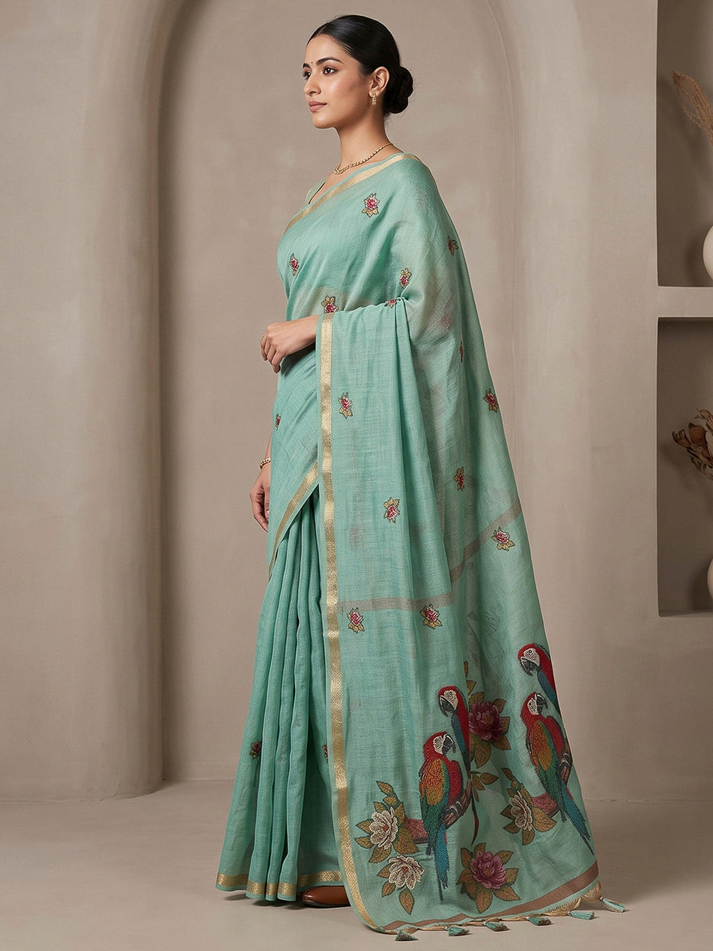 Blue Cotton Blend Woven Saree