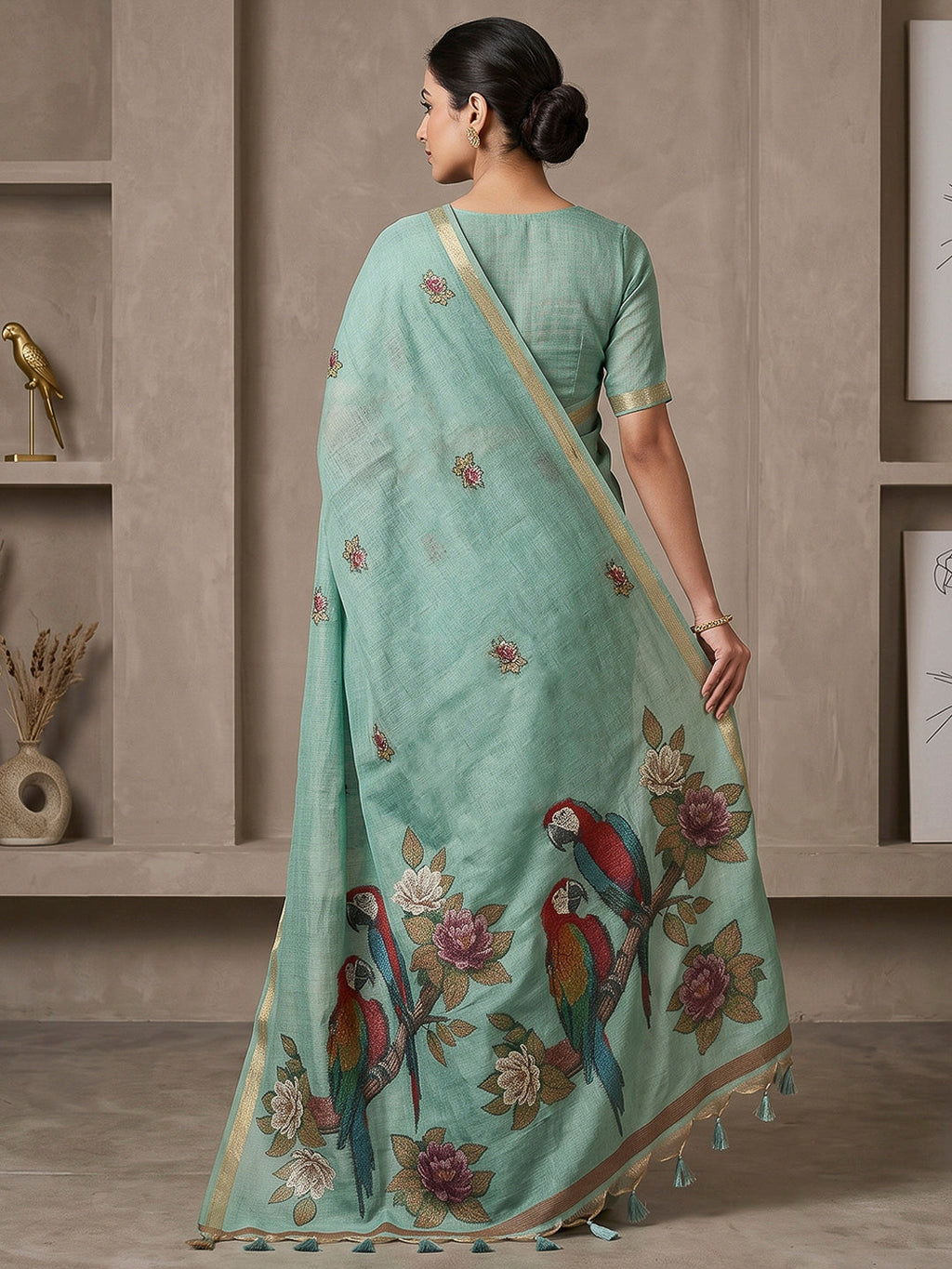 Blue Cotton Blend Woven Saree