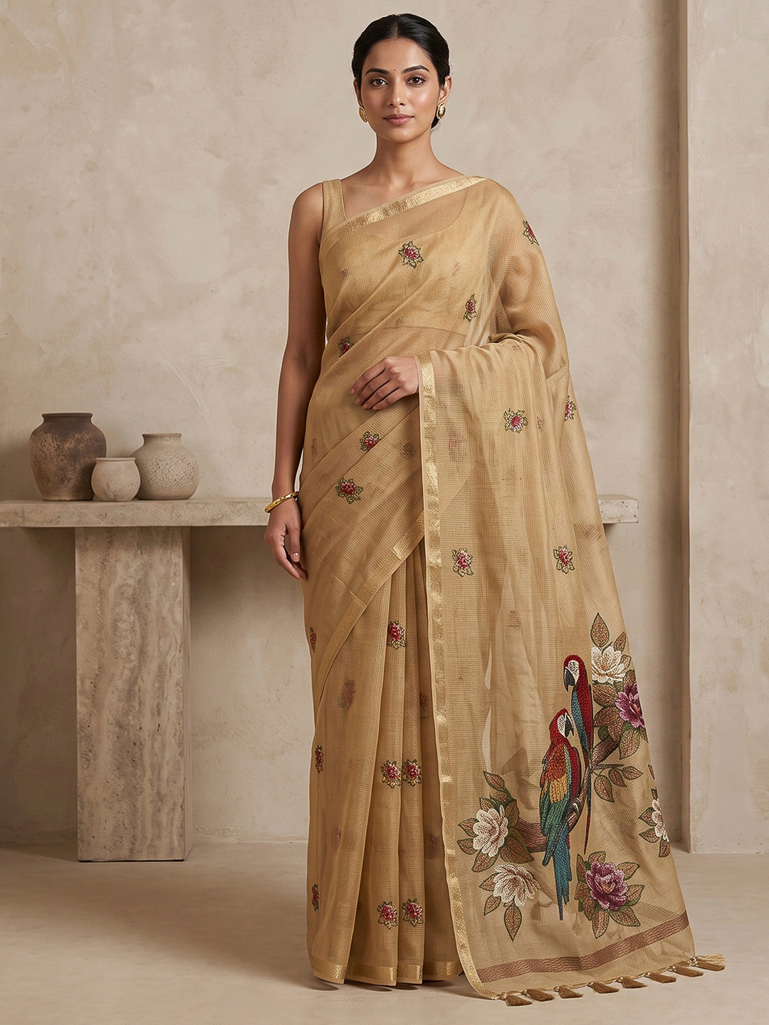 Off-White Cotton Blend Woven Saree