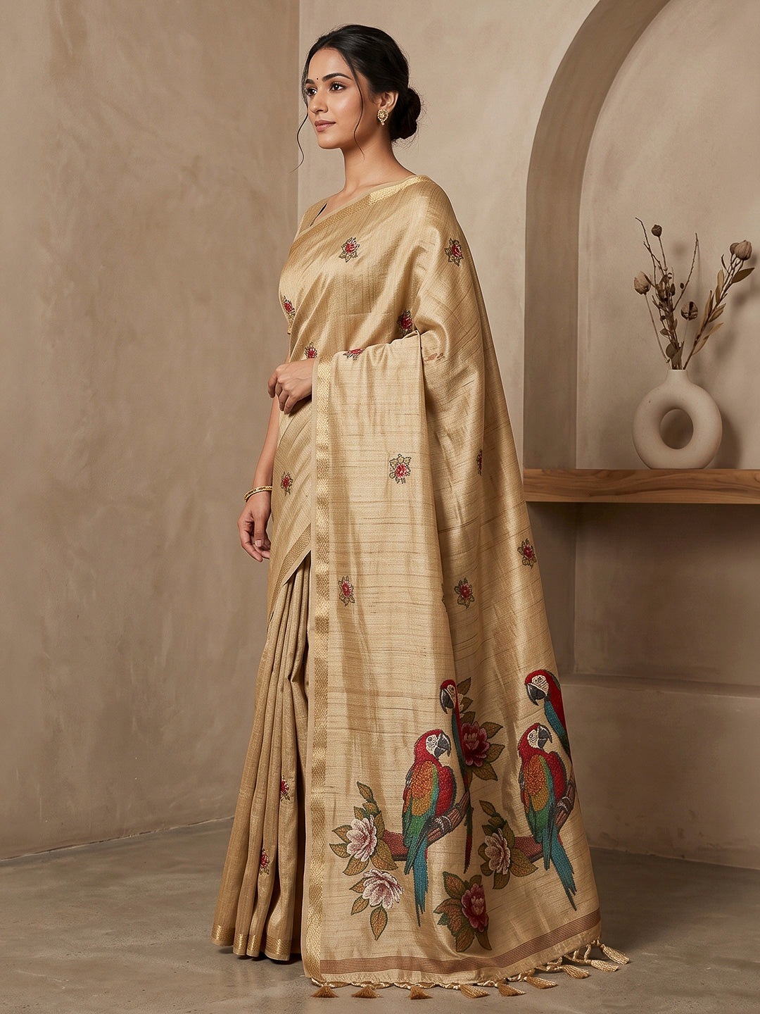 Off-White Cotton Blend Woven Saree