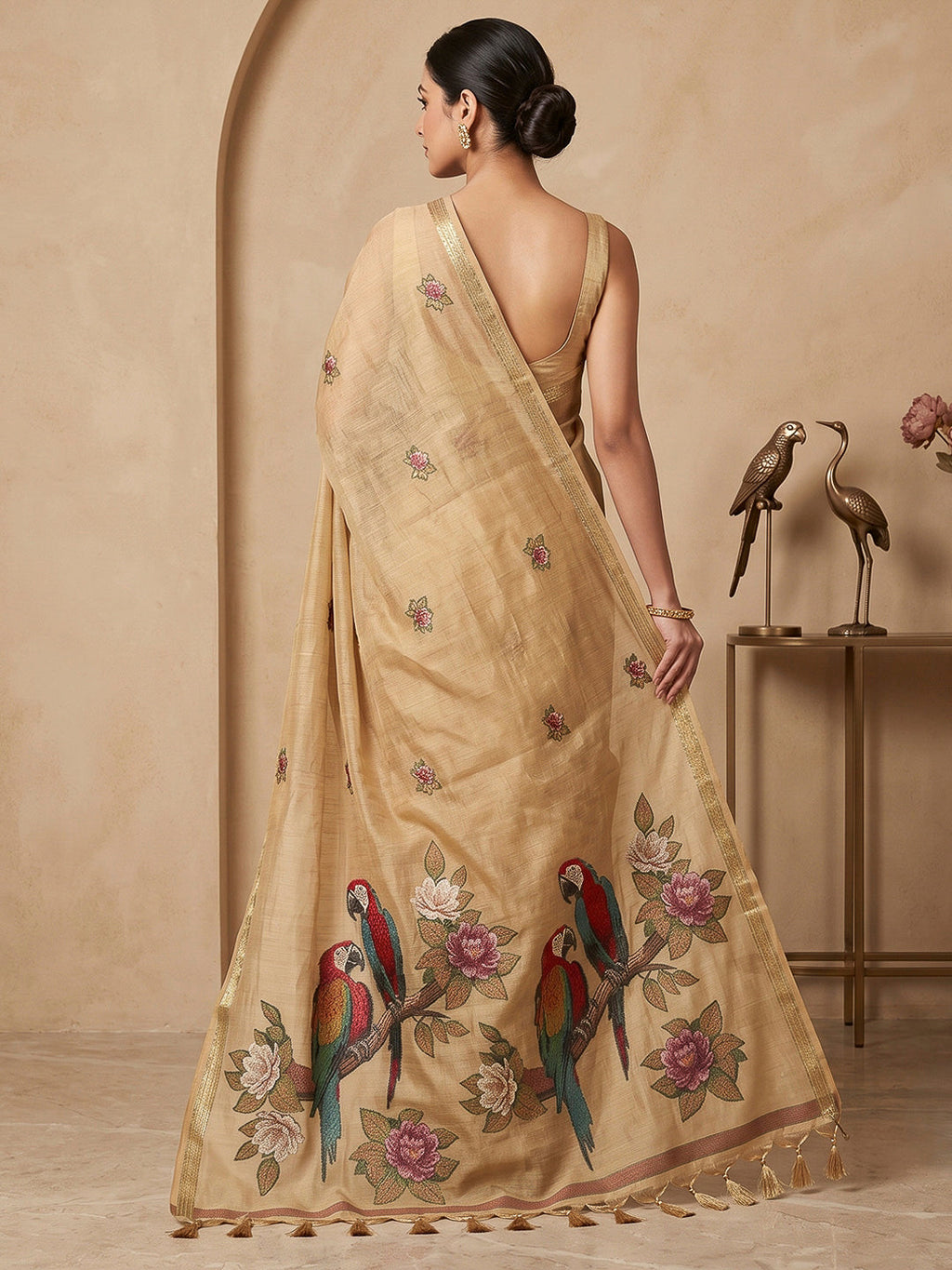 Off-White Cotton Blend Woven Saree