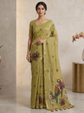 Olive-Green Cotton Blend Woven Saree